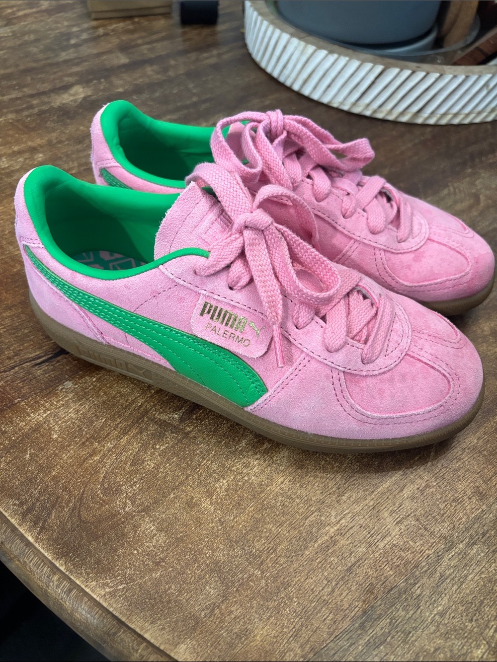 Puma Palermo Women's Pink Suede Sneakers with Green Stripe